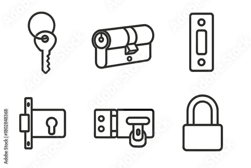 Locksmith Line Icons. Line style icons of locksmith accessories: keychain, lock cylinder, strike plate, latch, hasp, shackle. No