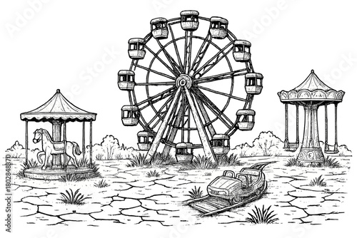 Rusty Amusement Park. Deserted amusement park with rusting Ferris wheel, cracked ground, and weeds growing through rides, black