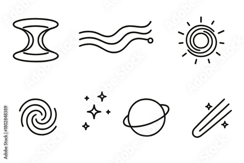 Interdimensional Space Vortex. Line style icons of Wormhole: Interdimensional Tunnel, Spacetime Flow, Shortcut Path, Event Horizon