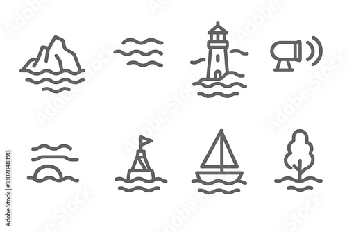 Foggy Coastline Icons. Line style icons of Foggy Coastline: Rocky Shore, Dense Mist, Lighthouse, Foghorn, Hidden Object, Buoy,