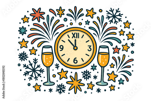 Festive New Year Celebration. New Year clock in the center with fireworks, champagne glasses, stars, and snowflakes forming a