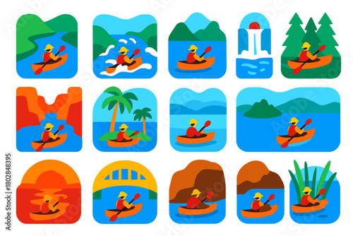 Canoeing Icon Set. Flat vector icons of Canoeing Scenes: river, rapids, lake, waterfall, canyon, forested shore, island, mist,
