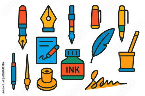 Stationery Icons Set. Flat vector icons of Stationery Set: fountain pen, nib, ink converter, cap, writing, ink bottle, paper,