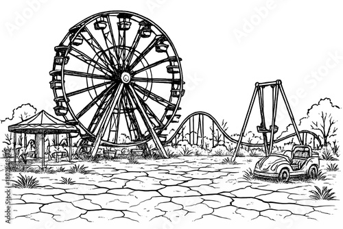 Rusty Amusement Park. Deserted amusement park with rusting Ferris wheel, cracked ground, and weeds growing through rides, black