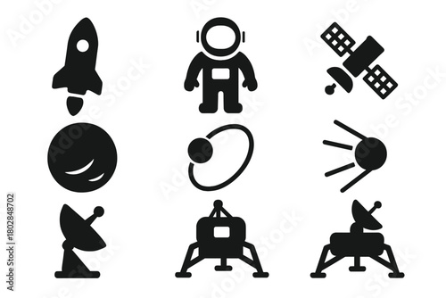 Space Discovery Icons. Solid style icons of Space Discovery: rocket, astronaut, satellite, planet, orbit path, probe, antenna,