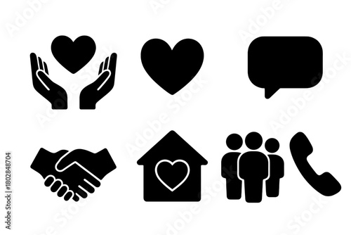 Mental Health Support Icons. Solid style icons of mental health support: open hands, heart, group of people, speech bubble,