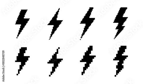 Set of Eight Pixelated Lightning Bolt Illustrations on a White Background