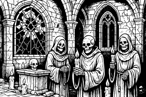 Haunted Monastery Art. Haunted monastery with shattered stained glass, skeletal monks, and glowing candles flickering, black and