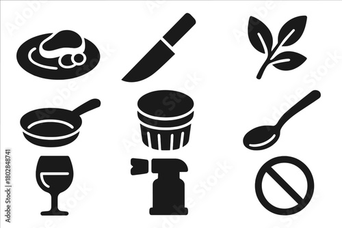 Gourmet Cooking Icons. Solid style icons of Gourmet Cooking: plated dish, chef’s knife, herb garnish, copper pan, soufflé dish,