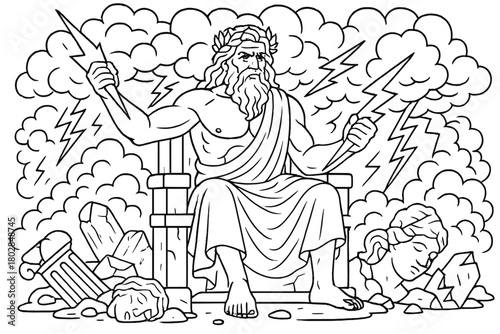 Zeus' Stormy Throne. Zeus on a stormy throne with lightning bolts, broken statues, and storm clouds swirling around, black and