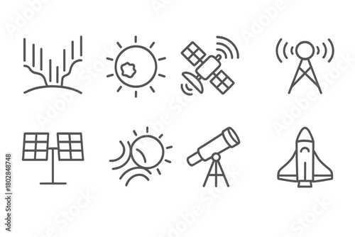 Auroral Line Icons. Line style icons of Auroral Display: Auroras, Sunspot, Satellite, Radio Blackout, Solar Panel, CME Burst,