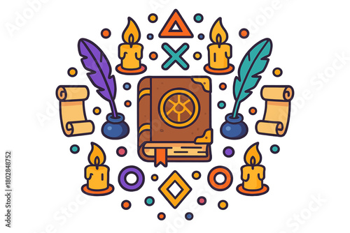 Mystical Mandala Illustration. Ancient spellbook in the center with quills, scrolls, candles, and runes forming a balanced mandala