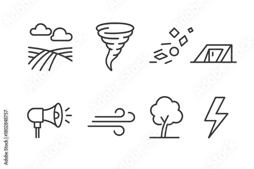 Tornado Environment Icons. Line style icons of Tornado Environment: Field, Funnel Cloud, Debris, Storm Cellar, Warning Siren, Wind