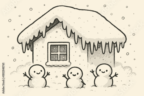Snowy Roof Delight. Snow-covered roof with cute icicles, little doodle snowmen waving from the yard