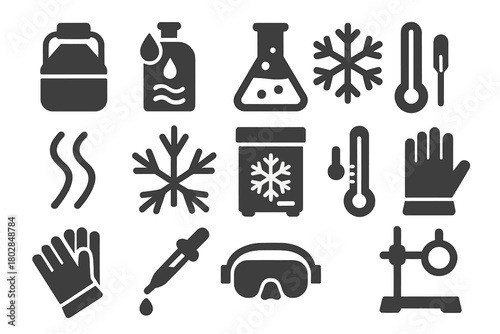 Low-Temperature Science Tools. Solid style icons of Low Temperature Science: Storage Dewar, Liquid Nitrogen, Lab Flask, Frost,