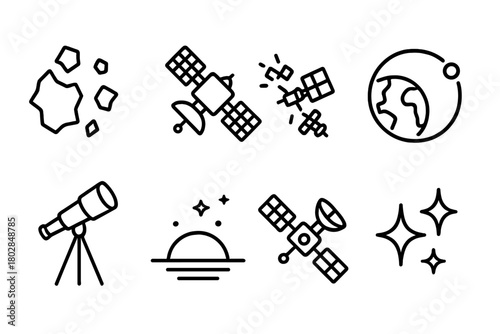 Space Junk Icons. Line style icons of Space Junk: Orbital Fragment, Defunct Satellite, Collision Course, Orbit Stream, Telescope