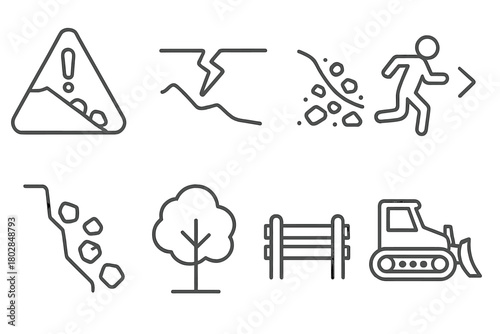 Landslide Risk Icons. Line style icons of Landslide Risk: Warning Sign, Slumping Ground, Debris Flow, Evacuation, Rockfall, Tree,