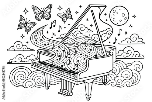 Surreal Musical Landscape. Grand piano opening into a surreal landscape with rivers of notes, butterflies, and glowing moons,