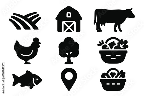 Farm Fresh Icons. Solid style icons of food origin: farm field, barn, cow, chicken, tree, basket of vegetables, fish, map pin, No