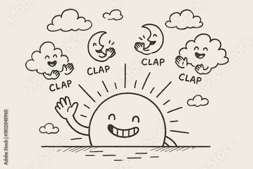 Joyful Sunset Farewell. A doodle of a friendly sun setting with a grin, waving goodbye to yestern, while moons and clouds clap