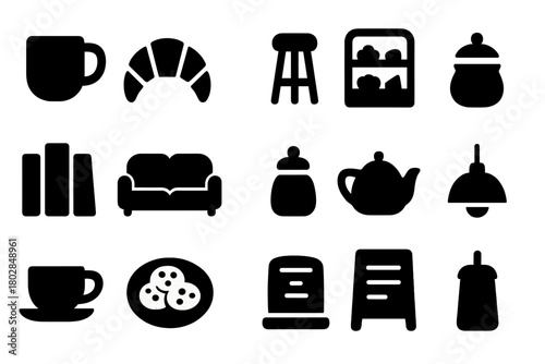 Collection of black and white icons for various items such as a cup, a book