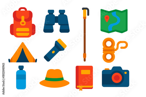 Exploration Gear Icons. Flat vector icons of Exploration Gear: backpack, binoculars, walking stick, map, tent, flashlight, rope,