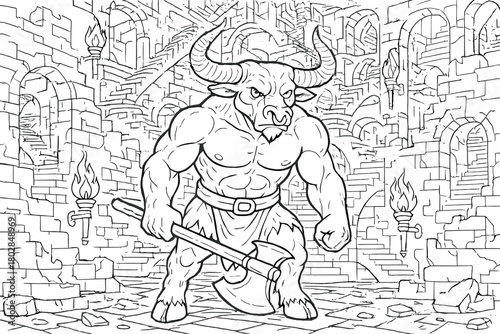 Minotaur's Labyrinth Art. The Minotaur in a labyrinth of broken walls, torches, and endless staircases, black and white line art,