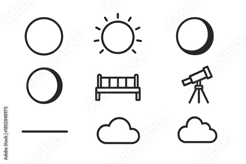 Lunar Eclipse Icons. Line style icons of Lunar Eclipse: Lunar Phase, Blood Moon Glow, Umbra Shape, Penumbra Shade, Observation