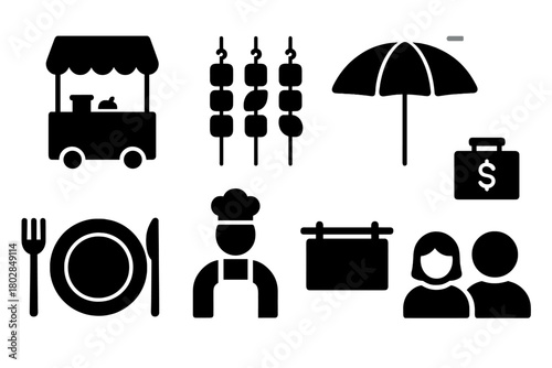 Street Food Icons. Solid style icons of Street Food Market: Food Stall, Skewers, Umbrella, Cash Box, Plate, Vendor, Signboard,