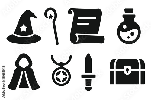 Fantasy Roleplay Icons. Solid style icons of Fantasy Roleplay: Wizard Hat, Staff, Scroll, Potion, Cloak, Amulet, Dagger, Chest, No
