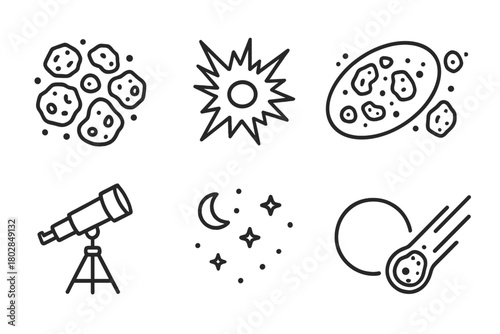 Asteroid Belt Icons. Line style icons of Asteroid Belt: Rocky Cluster, Impact Mark, Space Debris, Orbit Line, Telescope Stand,