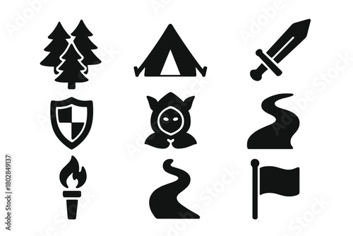 Outdoor Roleplay Icons. Solid style icons of Outdoor Roleplay: Forest, Tent, Sword, Shield, Costume, Path, Torch, Flag, No text,