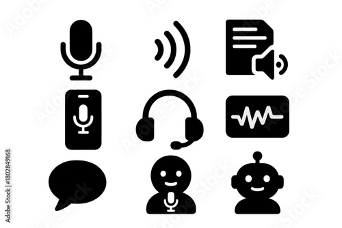 Speech Recognition Icons. Solid style icons of Speech Recognition: microphone, sound waves, audio transcript, dictation app,