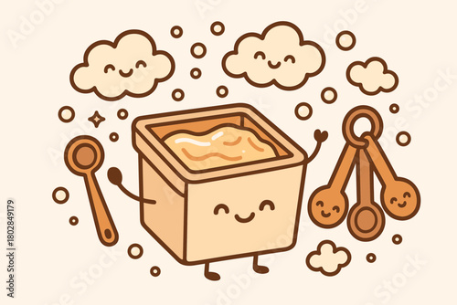 Soap Mold Delight. Sweet doodle vector design of a friendly soap mold holding freshly poured liquid soap, surrounded by joyful