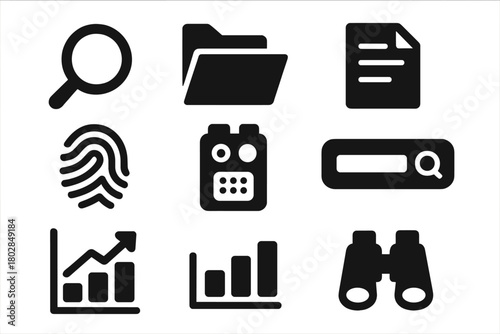 Investigation Icon Set. Solid style icons of investigation: magnifying glass, folder, document, fingerprint, tape recorder, search