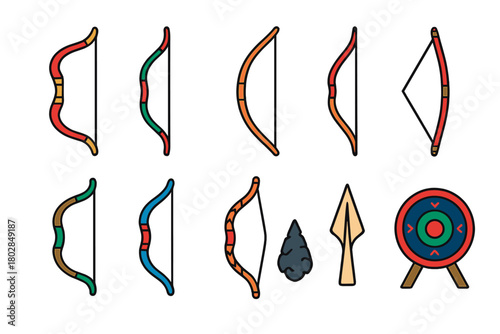 Traditional Archery Icons. Flat vector icons of traditional archery: Mongolian bow, Japanese yumi bow, Native American bow,