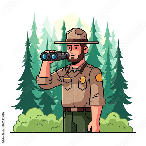 Cartoon park ranger with binoculars in a forest.