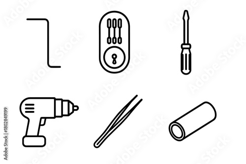 Locksmith Tools Icons. Line style icons of locksmith tools: tension wrench, pin tumbler, screwdriver, drill, tweezers, plug