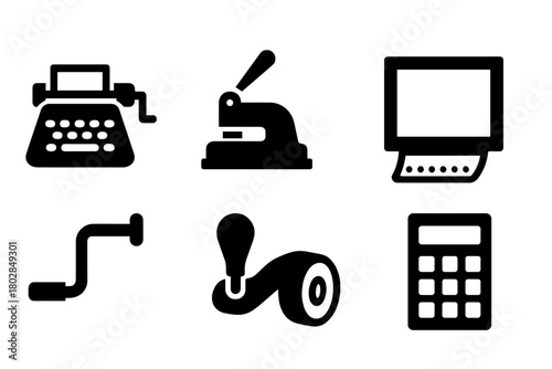 Mechanical Office Icons. Solid style icons of Mechanical Office Machines: Keys, Lever, Printed Tape, Frame, Crank, Knob, Paper