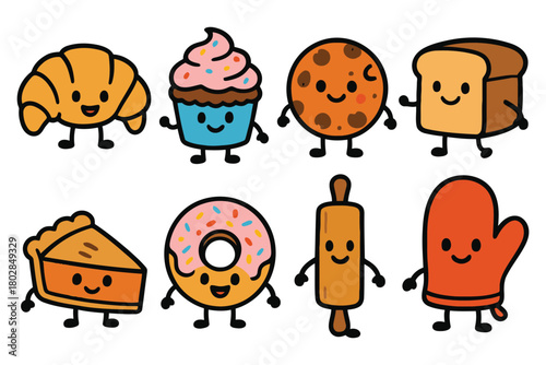 A collection of cute, anthropomorphic baked goods including a croissant, cupcake, cookie, bread, pie, donut, rolling pin, and oven mitt.