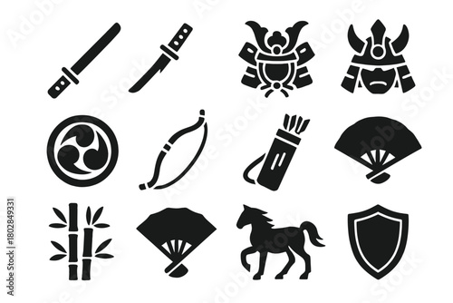 Bushido Icon Collection. Solid style icons of Bushido Elements: Katana, Wakizashi, Armor, Kabuto Helmet, Mon Crest, Bow, Quiver,