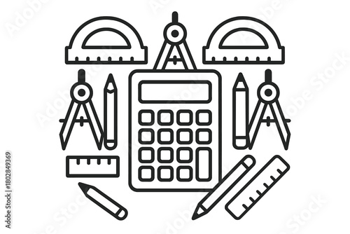 Math Tools Composition. Calculator in the middle surrounded by protractors, compasses, rulers, and pencils forming a balanced