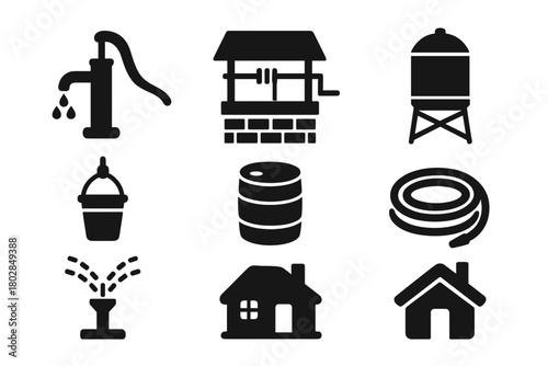 Rural Water Supply Icons. Solid style icons of rural water supply: water pump, well, bucket on rope, tank, barrel, hose, sprinkler