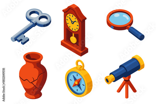 Rare Finds Collection. Isometric vector illustration set Rare Finds: silver key, pendulum clock, magnifying glass, cracked vase,