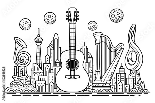 Instrumental Skyline Art. City skyline shaped like instruments and abstract sculptures, with surreal floating moons, black and