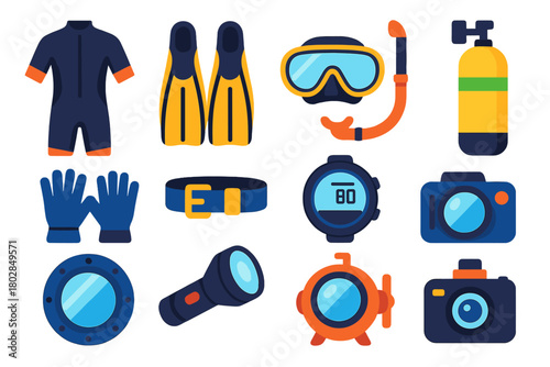 Diver Gear Icons. Flat vector icons of Diver Gear: wetsuit, fins, mask, snorkel, oxygen tank, gloves, weight belt, dive computer,