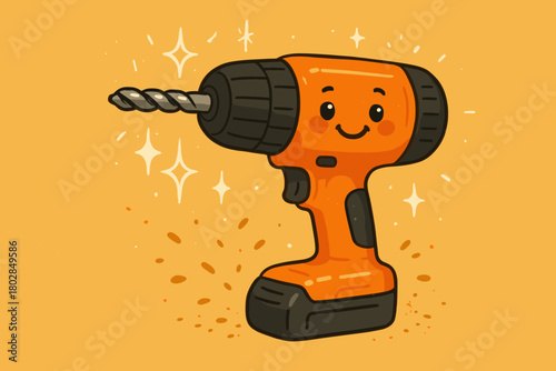 Joyful Drill Sparkles. Friendly drill with a happy face, surrounded by sparkling doodle sparks and flying sawdust