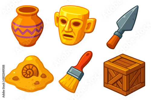 Ancient Artifacts Icons. Isometric vector illustration set Ancient Artifacts: clay pot, golden mask, metal spearhead, excavation