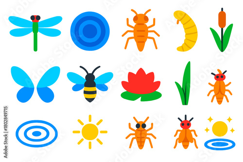 Water Insects Icons. Flat vector icons of Water Insects Collection: dragonfly, pond, nymph, larva, wings, flight, water lily, reed