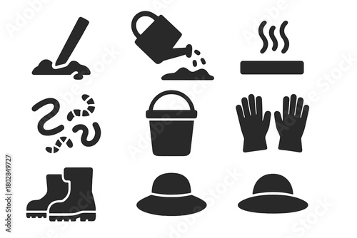 Earthworm Techniques Icons. Solid style icons of Traditional Earthworm Techniques: Stob, Soaking Ground, Vibrations, Worms, Bucket